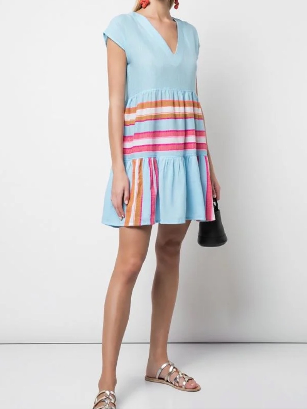 Lemlem Fiesta Light Blue Tiered Coverup Dress with Stripes